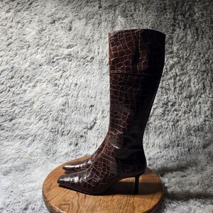 Vintage Halston Heritage Womens Size 7.5 Leather Crocodile Print Knee High Boots